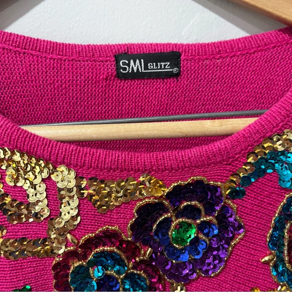 Vintage‎ SML Glitz 80s Pink Knit Sequin Funky Cotton Blend Sweater sz XL.